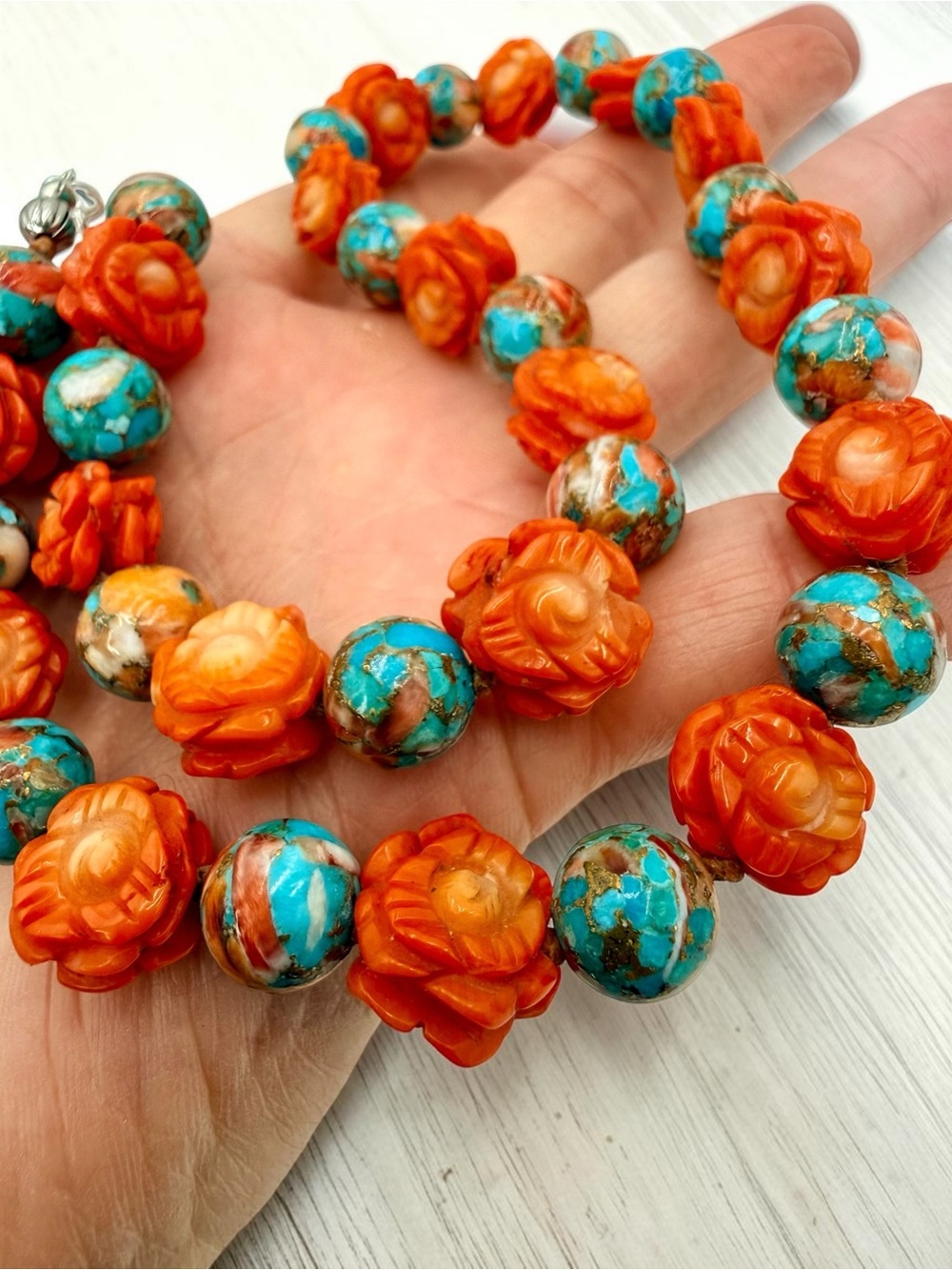 Artisan Spiny Oyster Mohave Copper Turquoise Coral Roses Sterling Necklace 18” - Picture 11 of 17